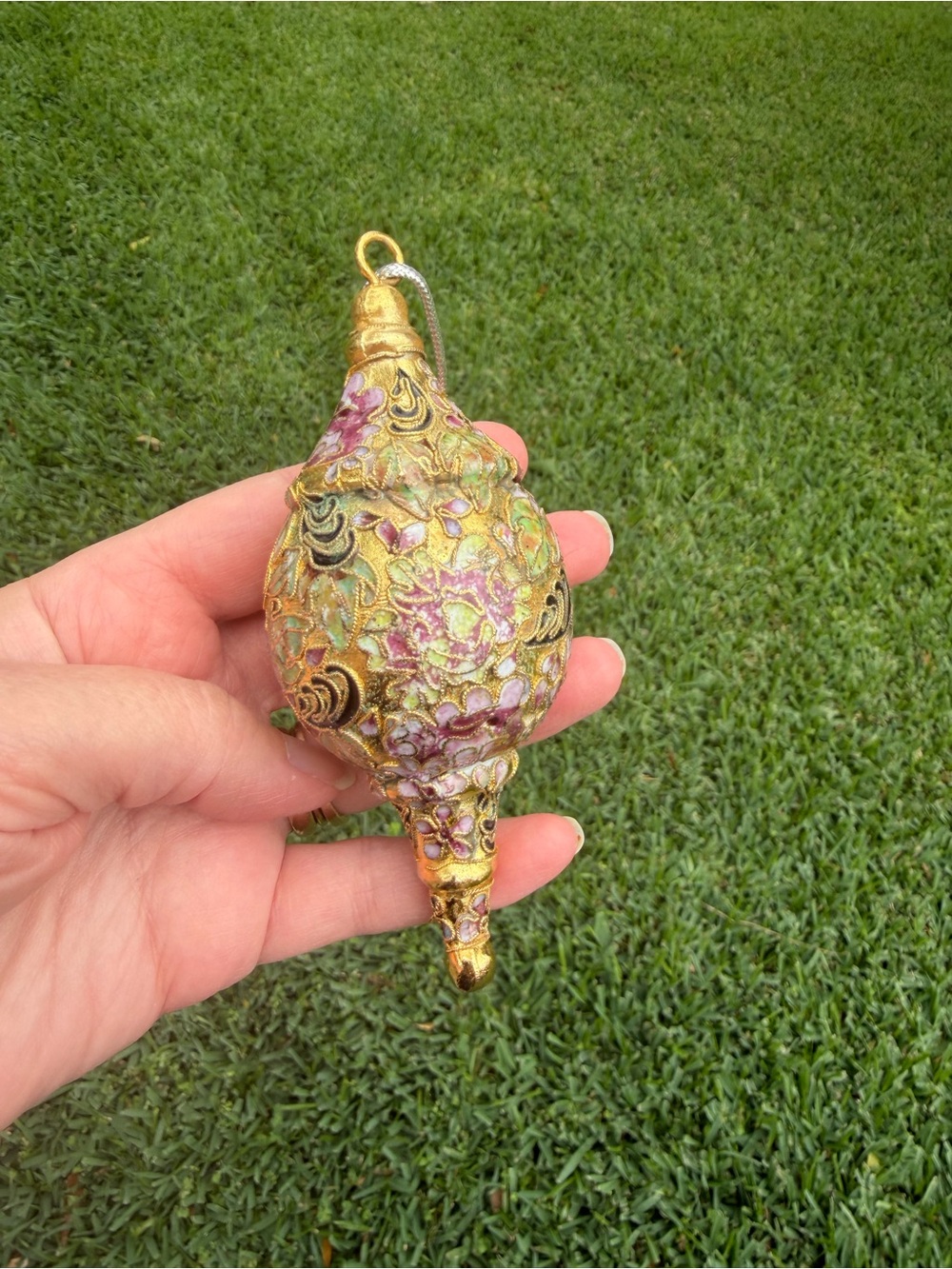 Vintage Cloisonné Enamel Tear Drop  Christmas Ornament, Gold Floral Hanging